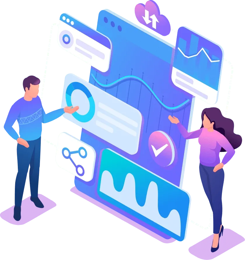 Illustration of man and woman standing next to charts