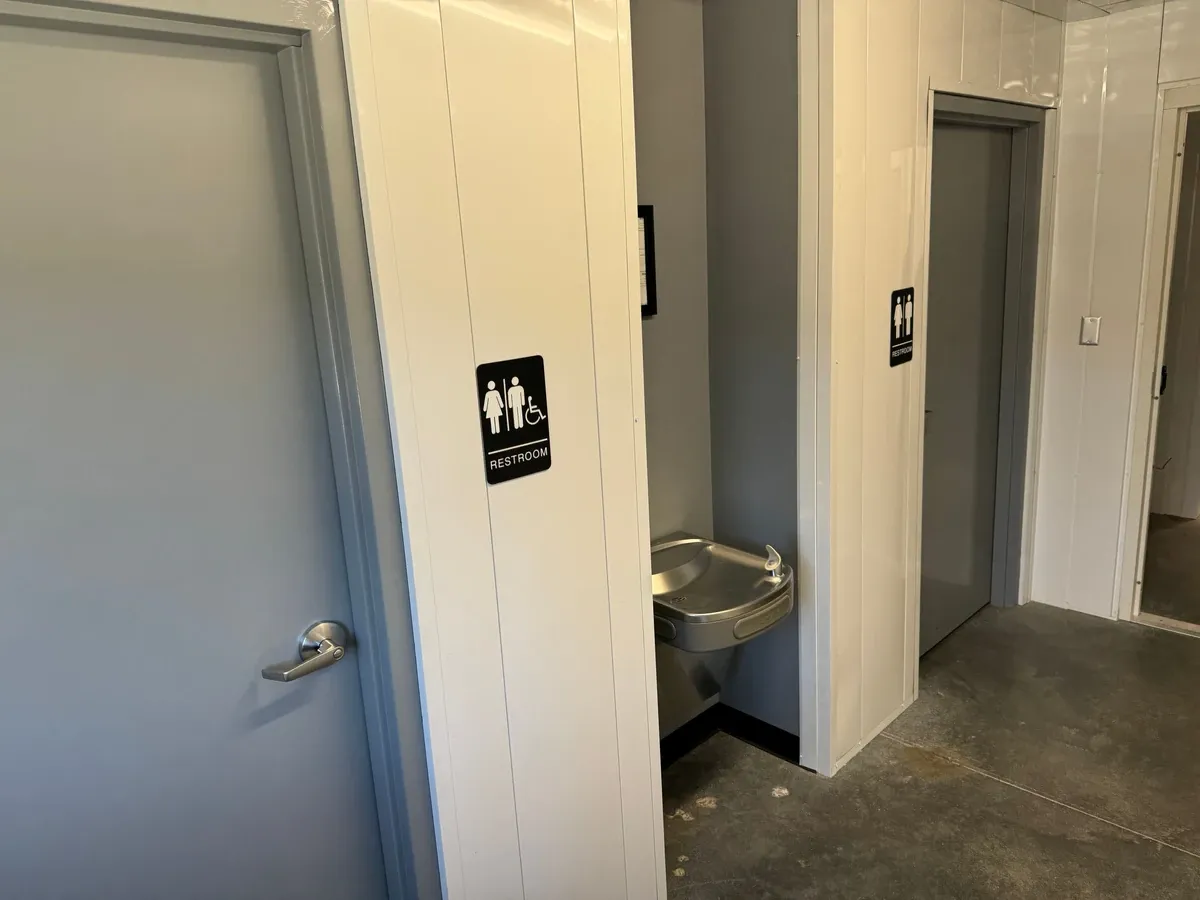 restroom in storage facility office building